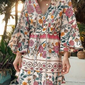 NWT Anthropologie Maaji Marlee Multi-Color Caftan Tie Waist Mini Dress Sz Small